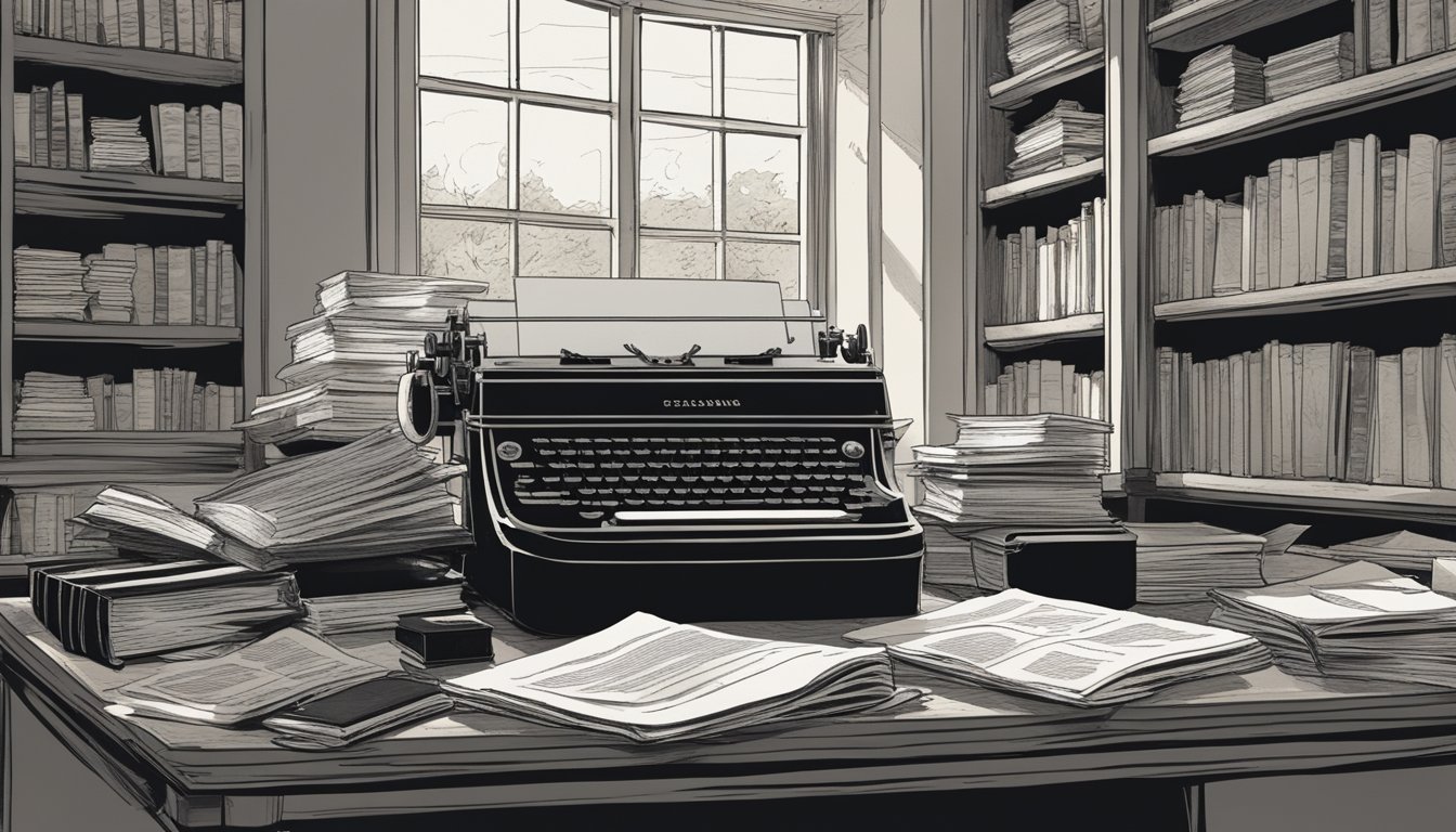 A cluttered desk with scattered papers and a worn typewriter, surrounded by bookshelves filled with well-worn books and a small window letting in a sliver of light