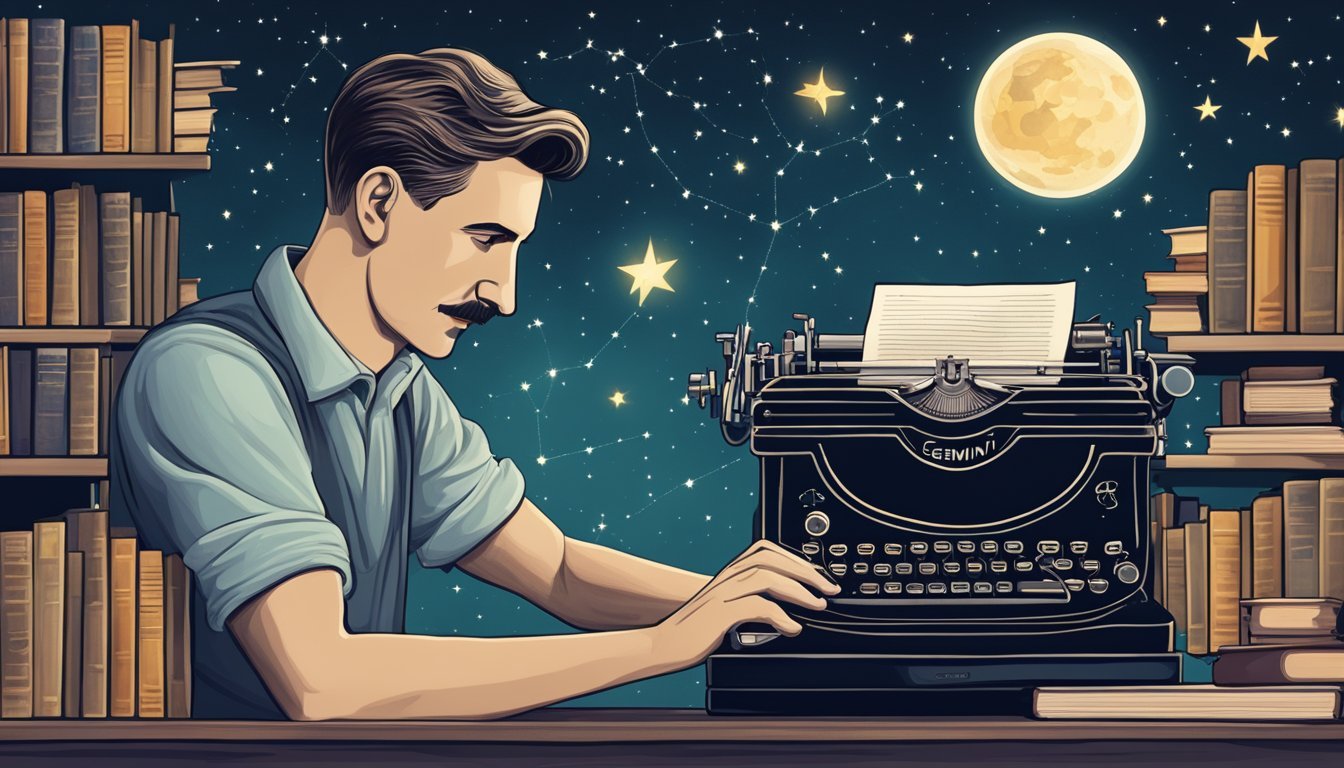 George Orwell's typewriter surrounded by books and a constellation of Gemini in the night sky