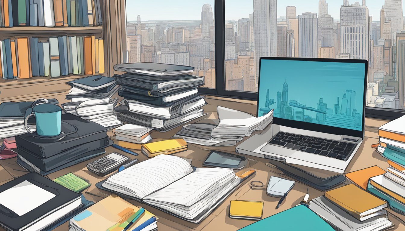 A cluttered desk with scattered notebooks, pens, and a laptop.</p><p>A window overlooks a bustling city.</p><p>A pair of headphones sits next to a stack of books