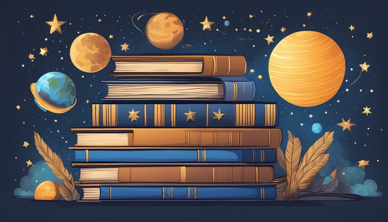 A stack of books with zodiac symbols on their covers, surrounded by floating stars and planets, representing the influence of astrology on literary works