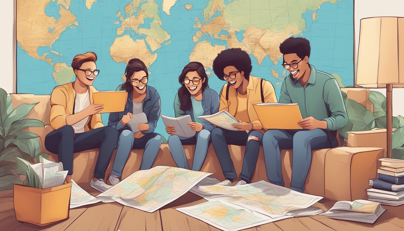 A group of friends chatting and laughing, surrounded by maps and travel guides.</p><p>They are animatedly discussing their next spontaneous adventure, with excitement and anticipation in the air