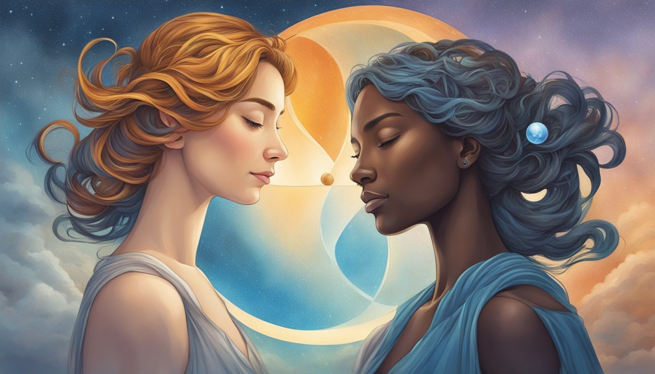 A split personality Gemini gazes at a yin-yang symbol, surrounded by duality: day and night, hot and cold, laughter and tears.</p><p>Twins float above, representing the multifaceted nature of the Gemini