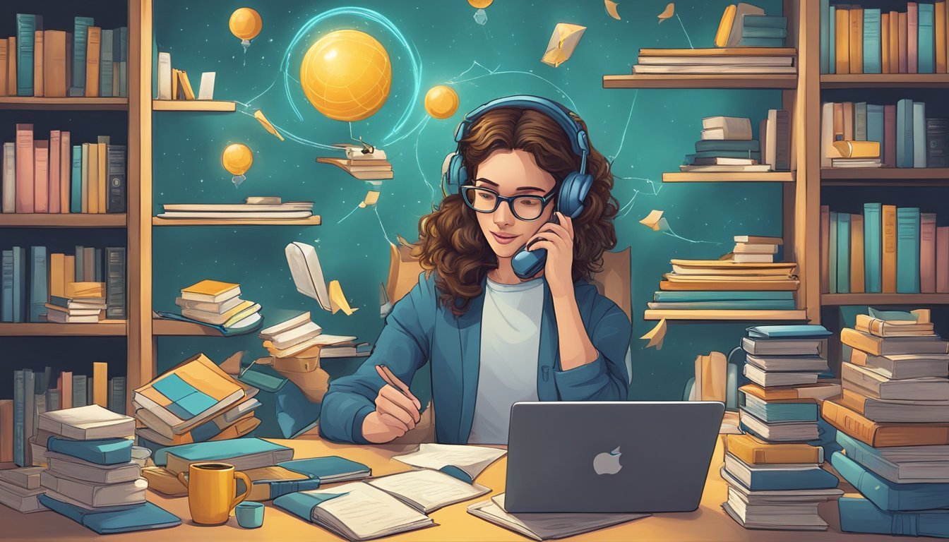 A Gemini surrounded by books, talking on the phone, and typing on a laptop while juggling multiple tasks