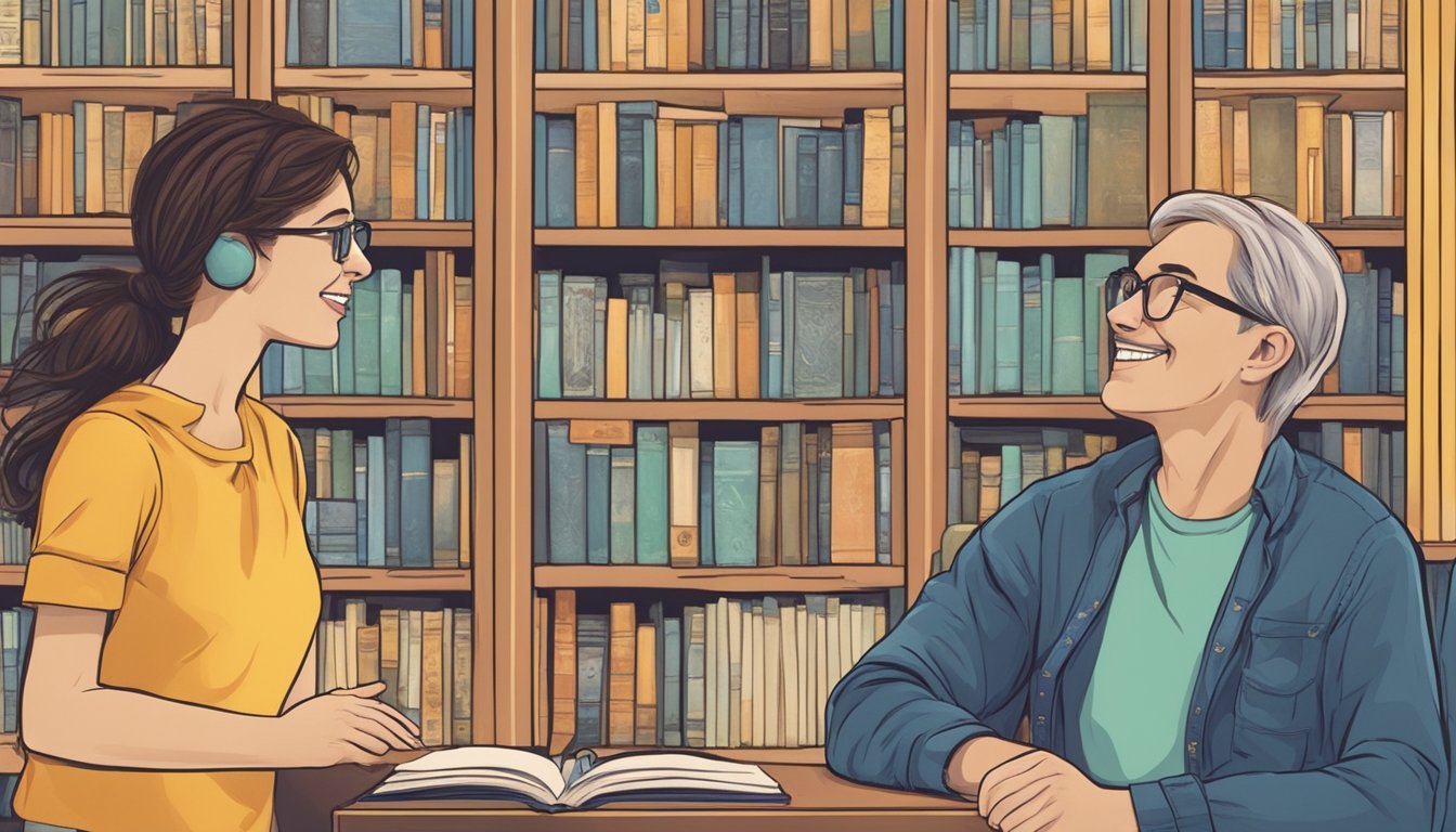 A lively Gemini conversing with two different people simultaneously, expressing enthusiasm and wit.</p><p>A bookshelf filled with diverse genres in the background