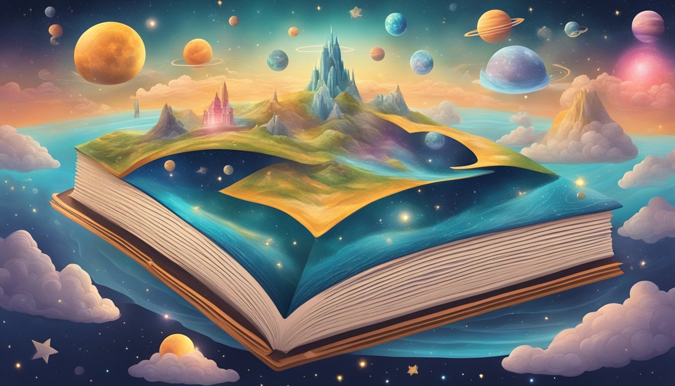 A book floating in a surreal, cosmic landscape, surrounded by symbols and imagery representing dreams and subconscious thoughts