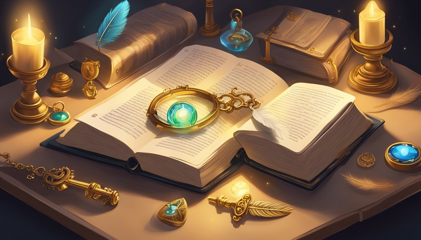 A book open on a table, with a glowing light illuminating the pages, surrounded by various symbolic objects like a key, a mirror, and a feather