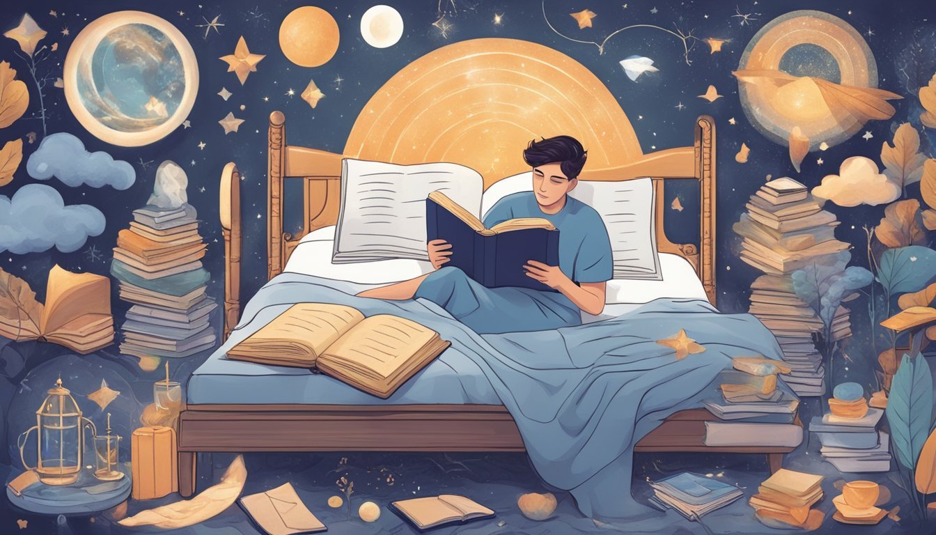 A person lying in bed with a book open to the page on dream interpretation techniques, surrounded by various symbols and images representing dreams