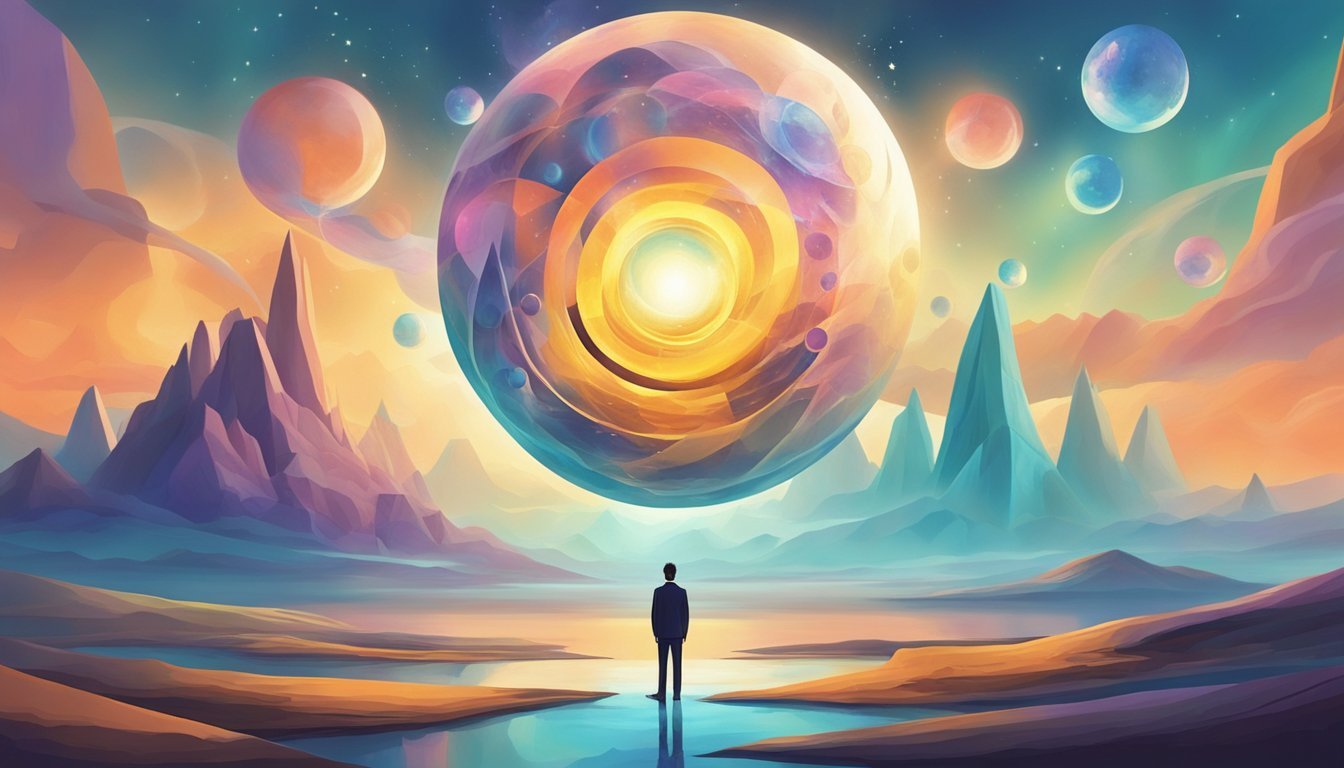 A figure stands before a surreal landscape, with floating symbols and abstract shapes representing dreams.</p><p>A glowing orb hovers above, radiating mysterious energy