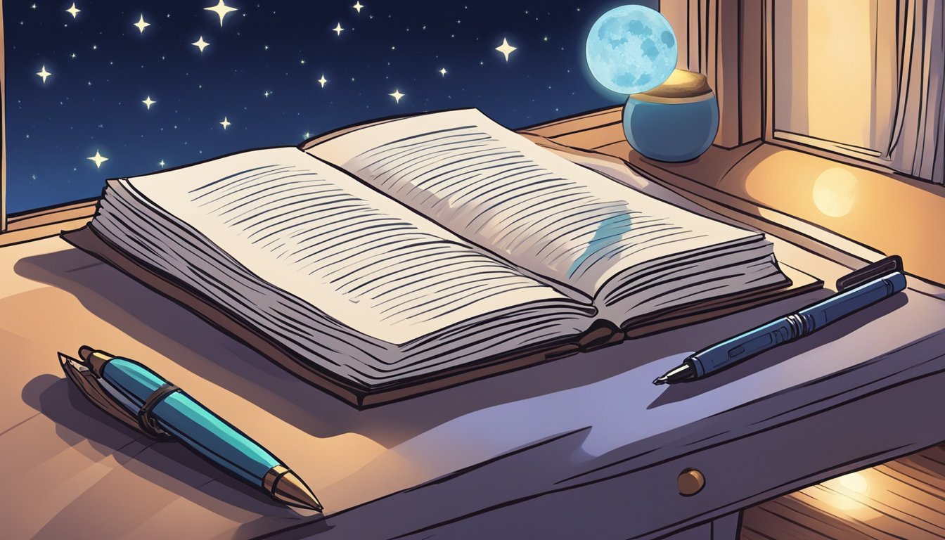 A dream journal open on a nightstand, with a pen and a book on dream interpretation next to it.</p><p>A window shows a moonlit night sky