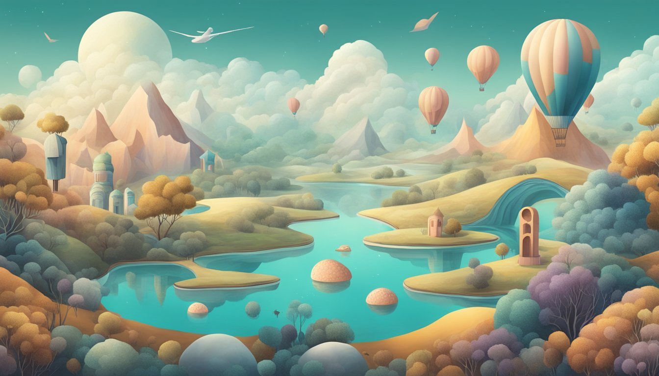 A surreal landscape with floating objects and symbols representing dreams and their meanings