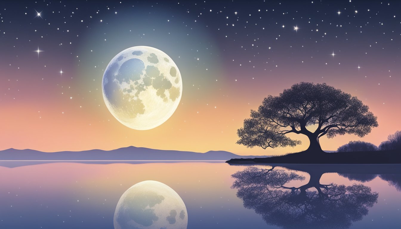 A serene landscape with a moonlit sky, a calm body of water, and a lone tree with branches reaching toward the stars