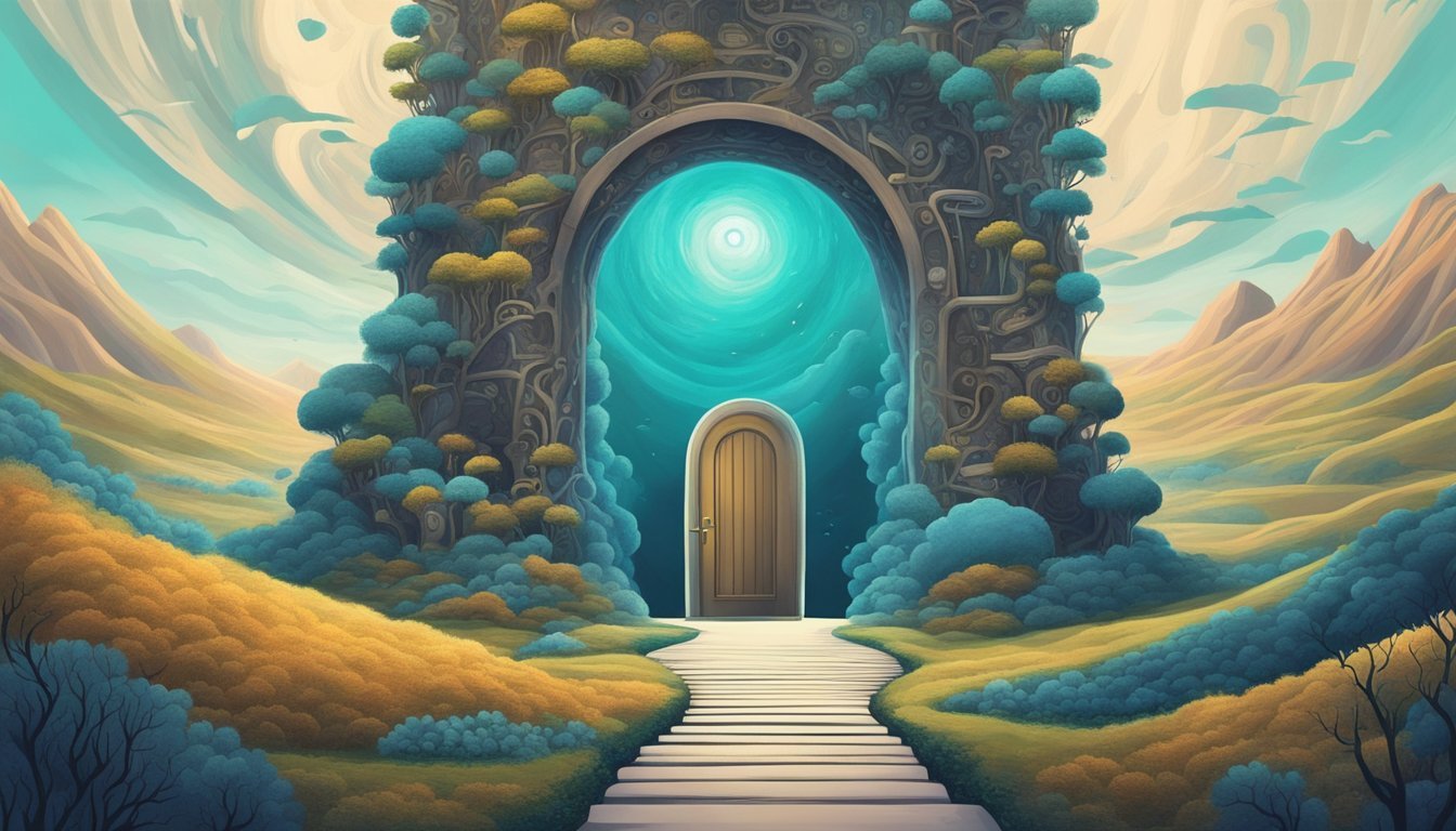 A person stands in a surreal landscape, surrounded by floating symbols and imagery.</p><p>A winding path leads to a mysterious door, hinting at the subconscious mind