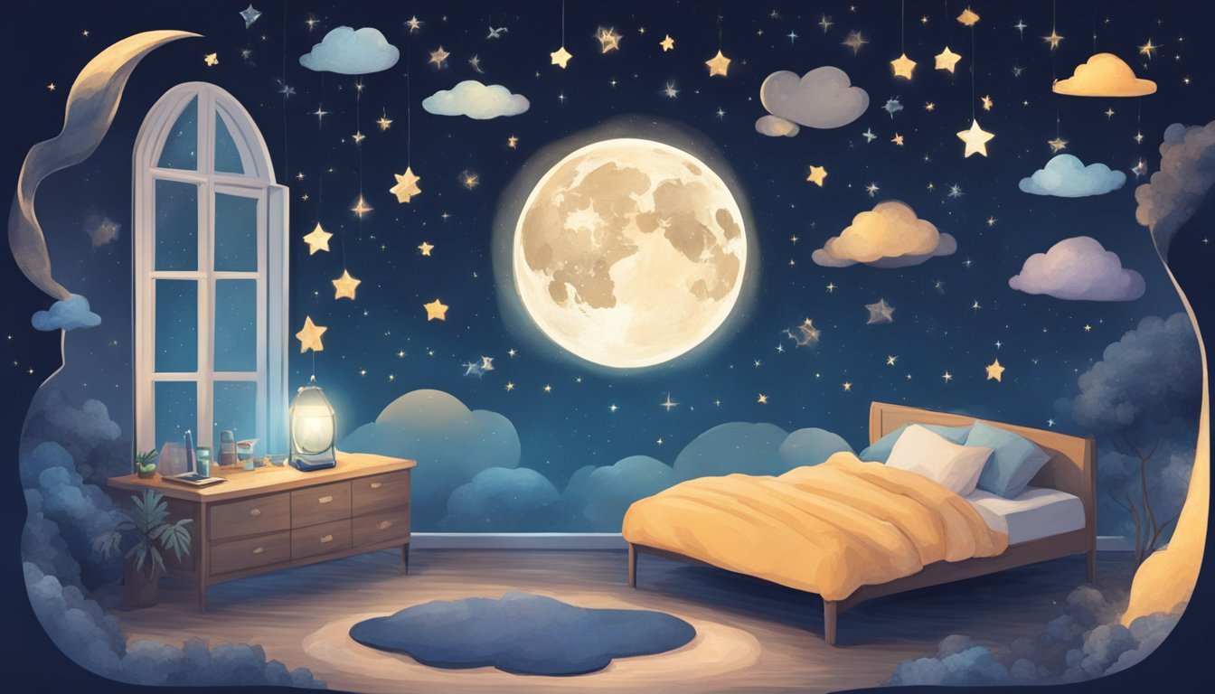 A serene night sky with a moon and stars, a person sleeping peacefully in bed, and a thought bubble filled with various symbols and images representing dreams