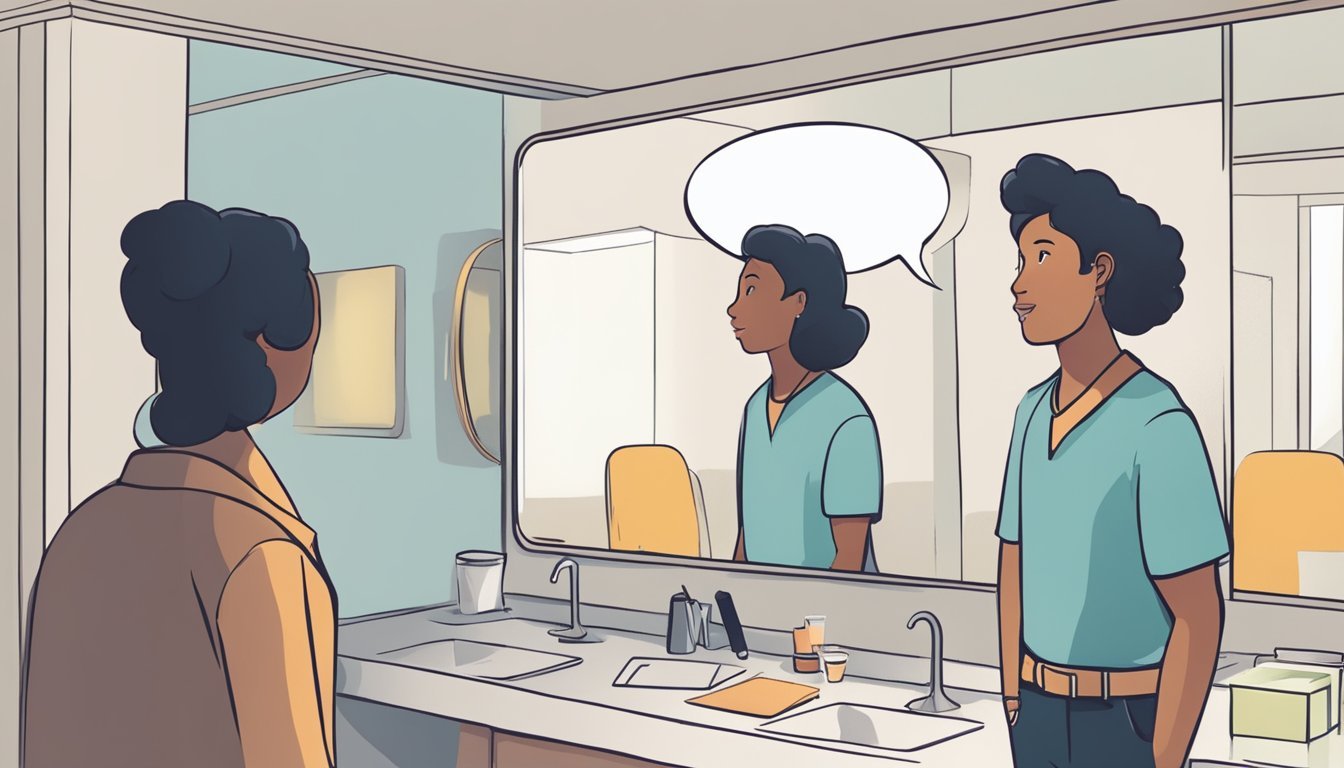 A person's speech bubble grows larger as they practice speaking in front of a mirror