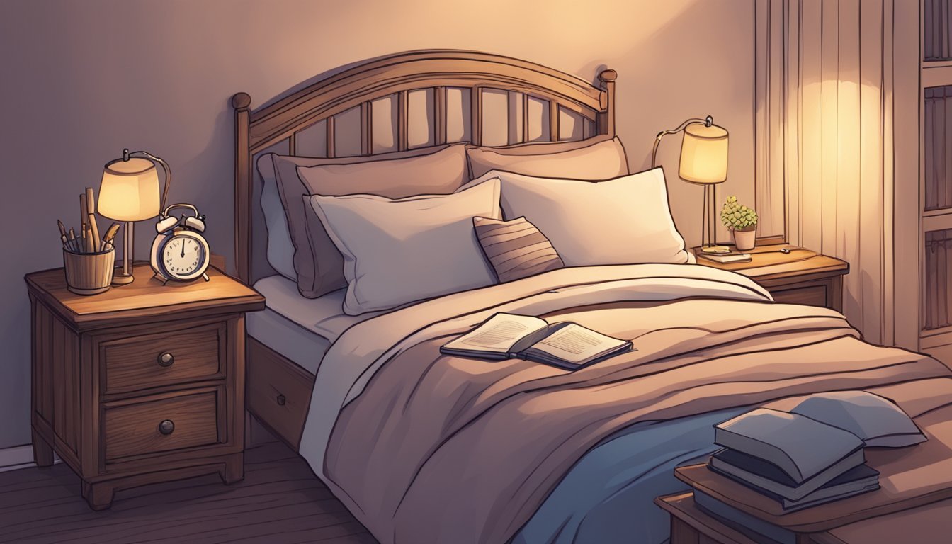 A cozy bed with a pen and journal on a nightstand, surrounded by soft, dreamy lighting