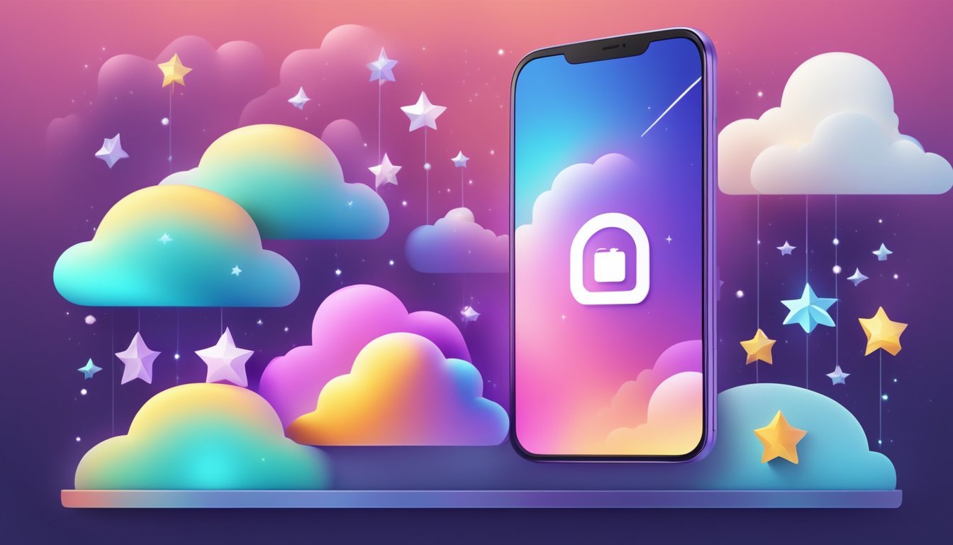 A smartphone displaying a glowing app icon with dreamy imagery, surrounded by floating clouds and stars