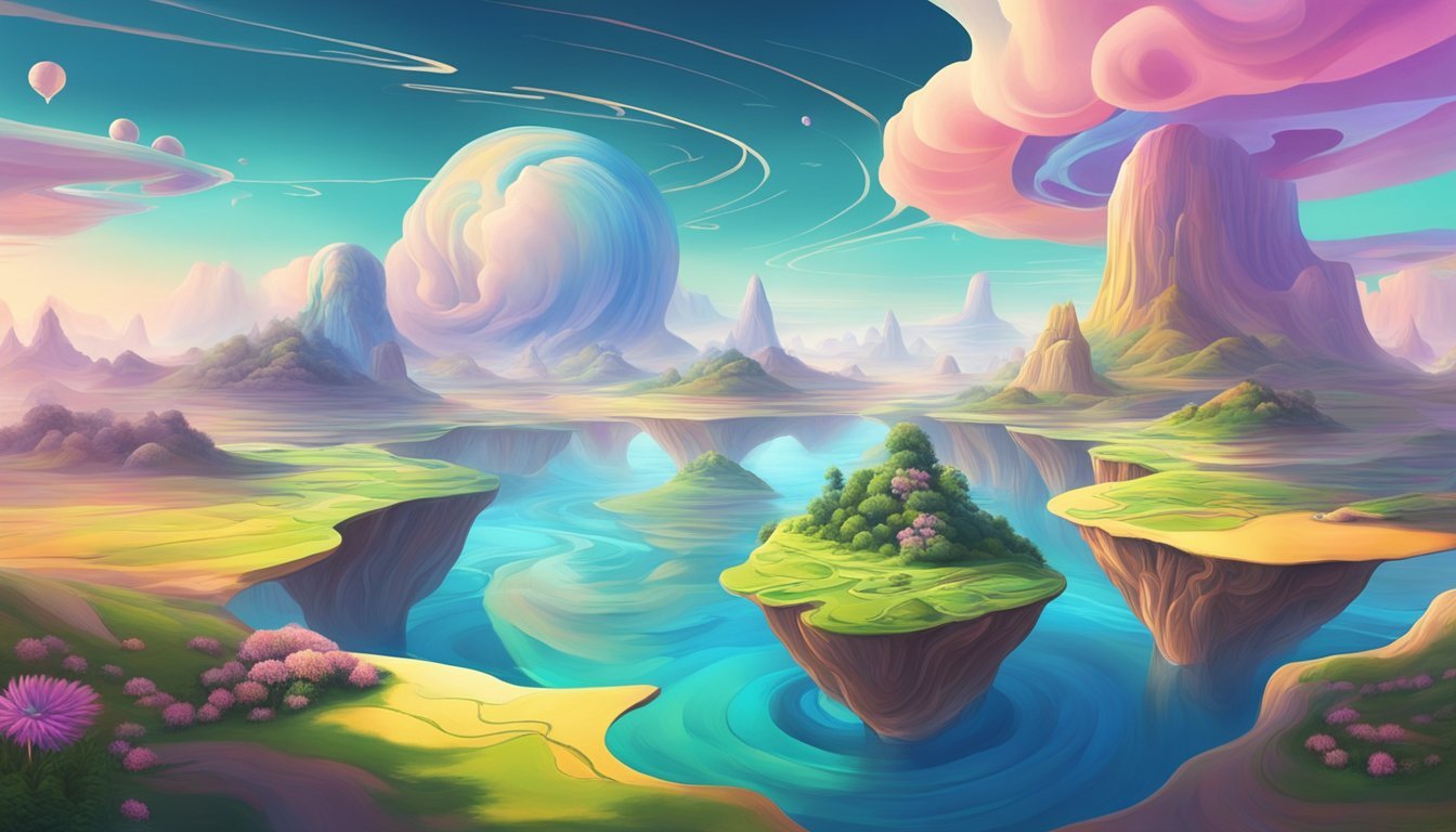 A surreal landscape with floating islands, swirling colors, and distorted perspectives, evoking the feeling of a dream world