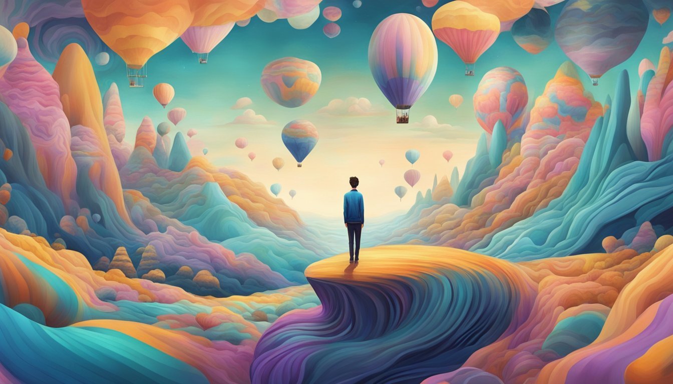 A dreamer floats through a surreal landscape, surrounded by shifting and morphing shapes, colors, and patterns, with a sense of awareness and control