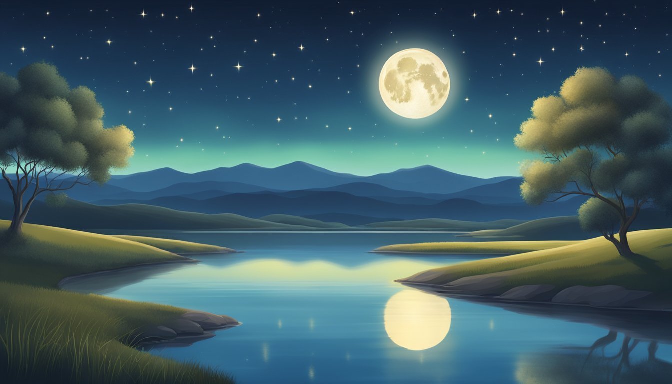 A serene night sky with a full moon and twinkling stars, casting a soft glow over a tranquil landscape of rolling hills and a calm, reflective body of water