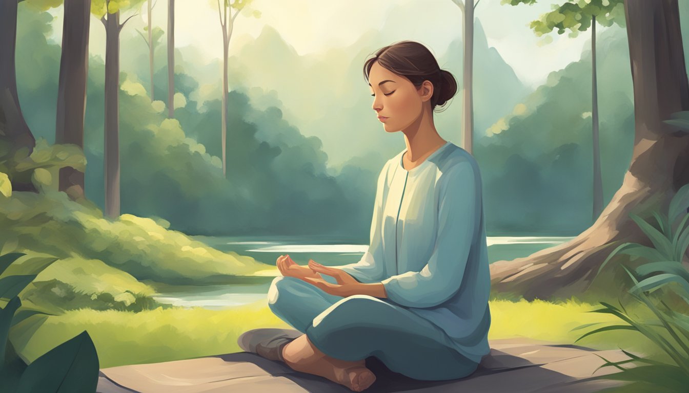 A serene figure sits cross-legged, surrounded by nature.</p><p>Their eyes are closed, and a sense of calm and stillness radiates from their posture