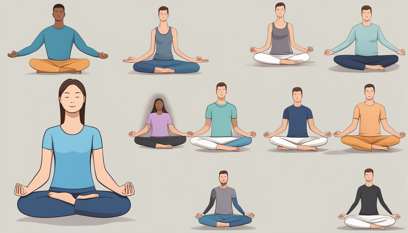 Various meditation techniques: sitting cross-legged with eyes closed, focusing on breath; standing with arms outstretched, visualizing energy flow; lying down, body relaxed, practicing body scan