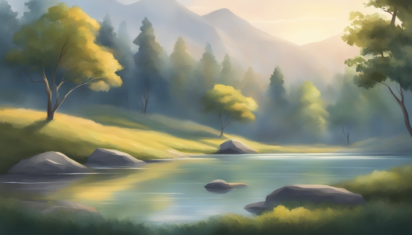 A serene setting with a calm atmosphere, perhaps a peaceful nature scene with soft lighting and gentle movement to convey a sense of presence and mindfulness