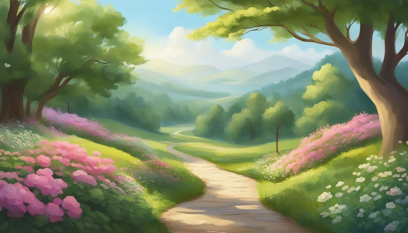 A serene landscape with a winding path leading to a tranquil, sunlit clearing, surrounded by lush greenery and blooming flowers, evoking a sense of calm and mindfulness