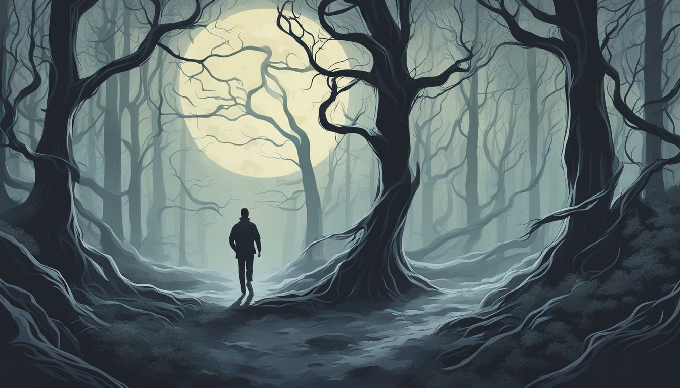 A dark forest with twisted trees, a full moon casting eerie shadows, and a figure running through the mist