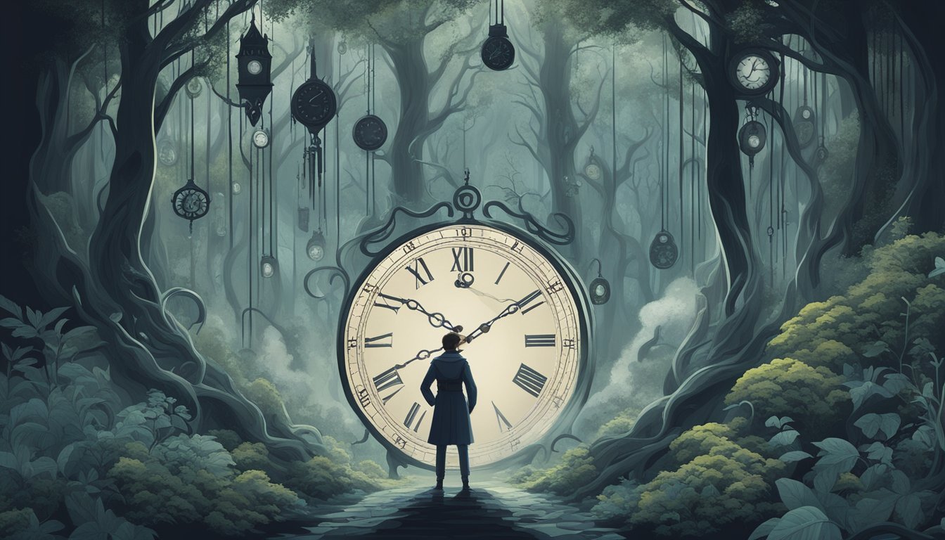 A figure stands in a dark forest, surrounded by swirling mists.</p><p>A series of recurring symbols float around them, including keys, clocks, and mirrors