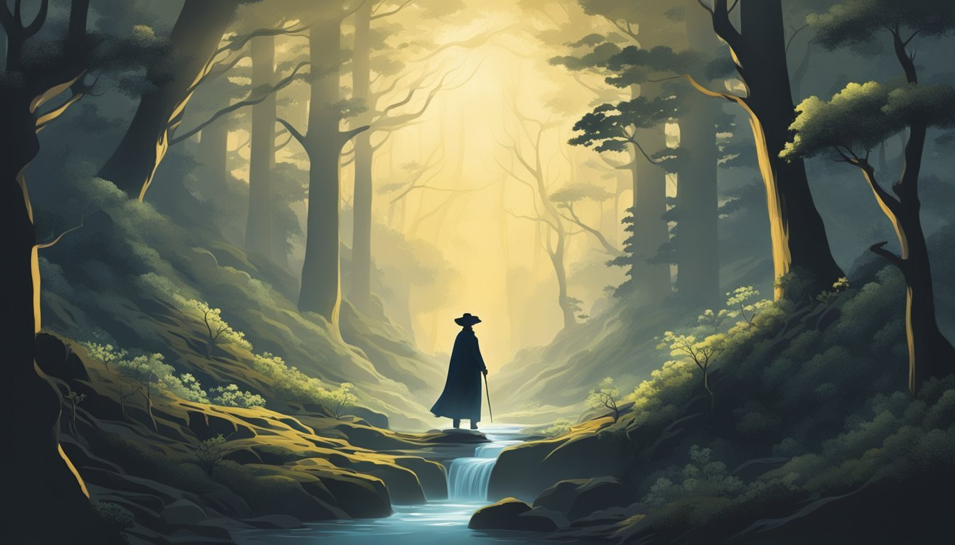 A figure stands in a dark forest, surrounded by swirling clouds.</p><p>A stream of light pierces through the sky, illuminating the figure as they confront a looming shadow