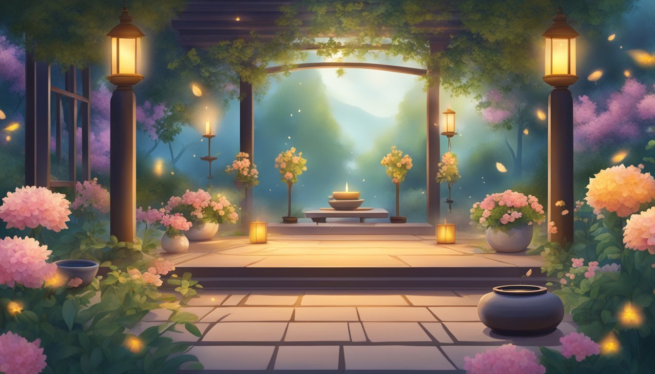 A serene garden with incense burning, candles flickering, and a meditative altar surrounded by blooming flowers