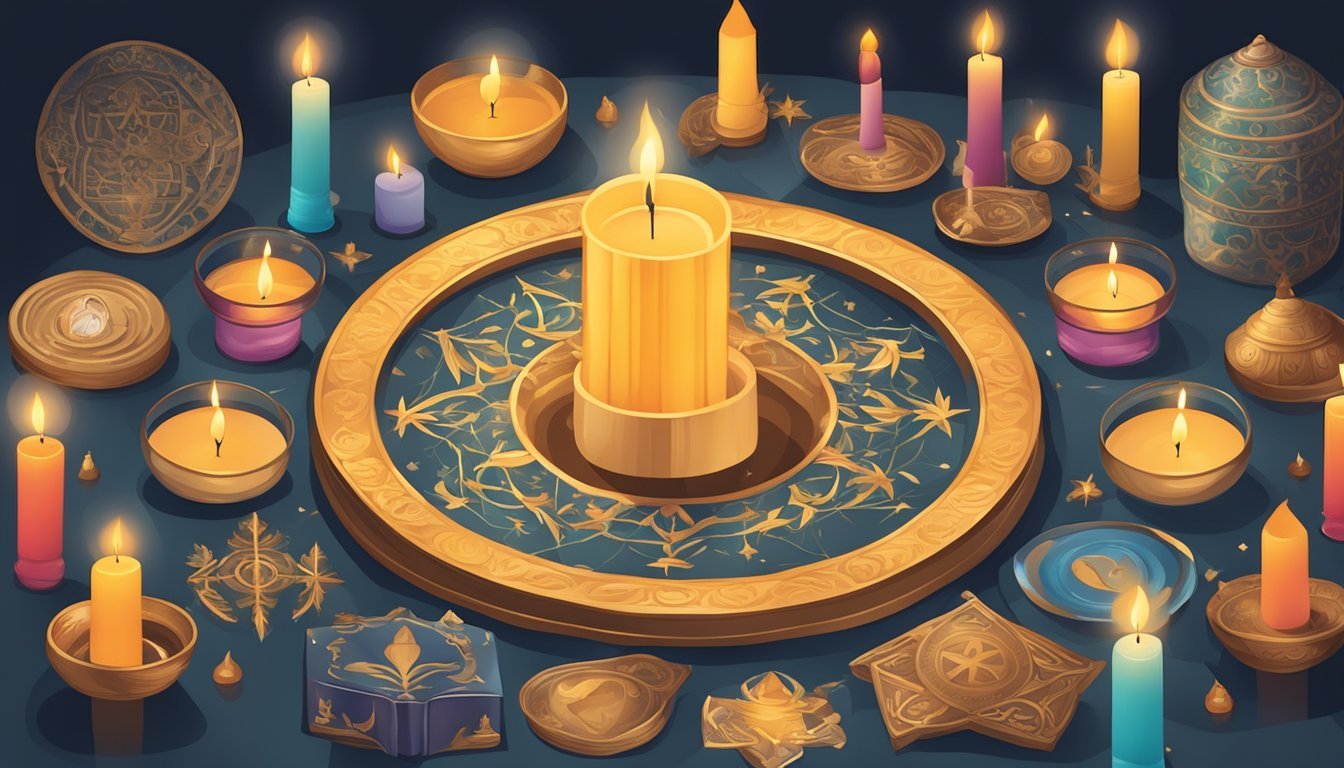 A circle of lit candles surrounded by various religious symbols and sacred objects