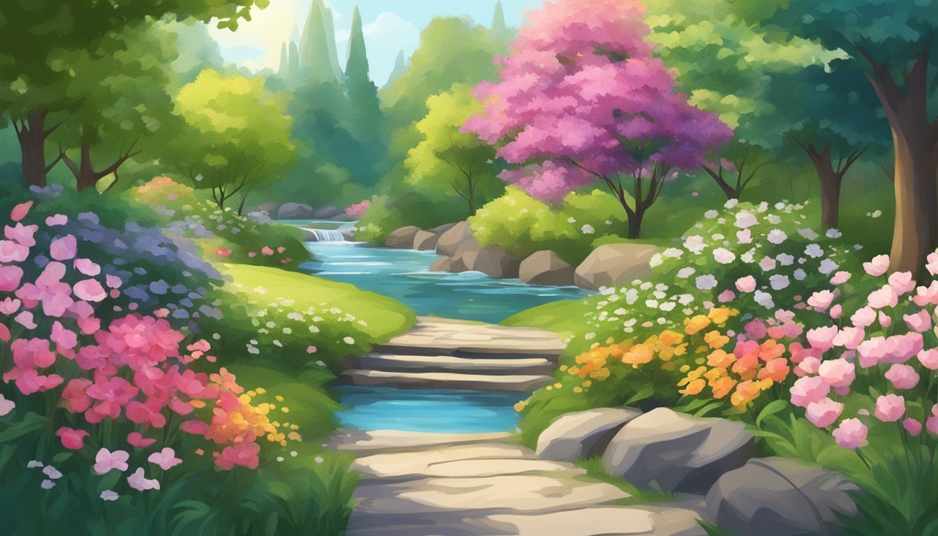 A serene garden with a flowing stream, surrounded by lush greenery and vibrant flowers.</p><p>A peaceful atmosphere with gentle sunlight and a sense of tranquility