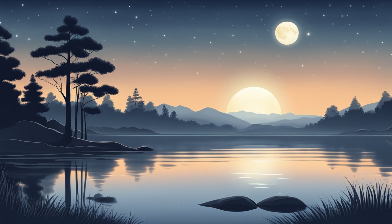 A serene lake reflecting the moonlight, with ripples gently lapping at the shore, symbolizing tranquility and emotional depth