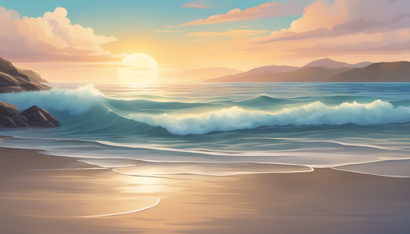 A serene beach with calm waves gently lapping the shore, reflecting the sky's colors.</p><p>A sense of tranquility and introspection