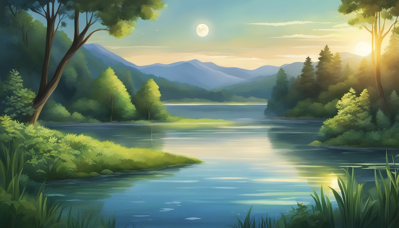 A serene lake reflects the moon's glow, surrounded by lush greenery.</p><p>A gentle stream flows, symbolizing emotional cleansing and renewal