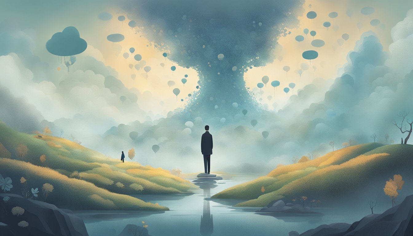 A figure stands in a misty landscape, surrounded by floating symbols and images of a specific person