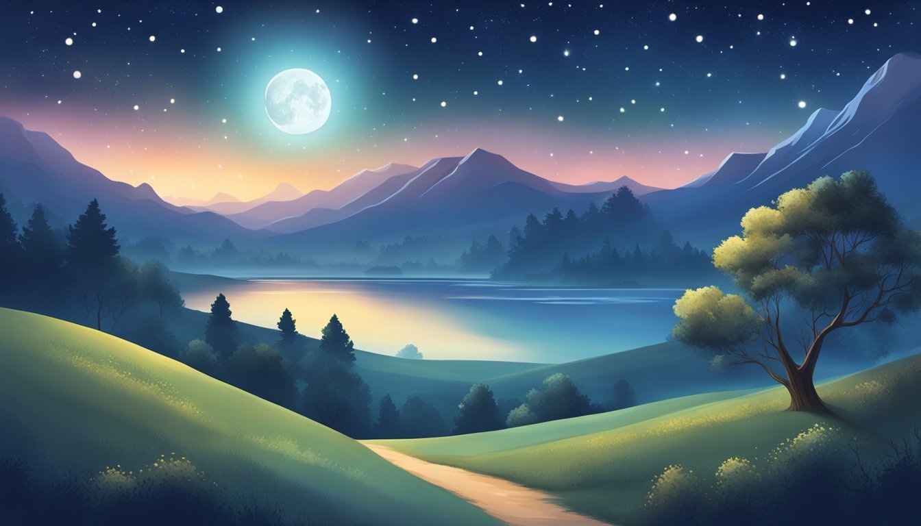 A serene night sky with a moon and stars shining brightly over a peaceful landscape, evoking a sense of wonder and possibility