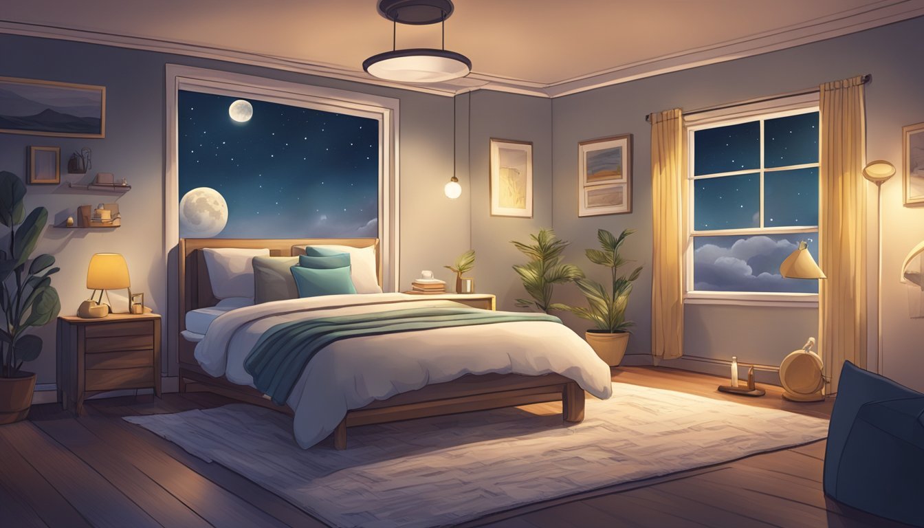 A serene bedroom with a moonlit window, a cozy bed, and dreamy imagery floating above, representing the impact of dreaming on daily life