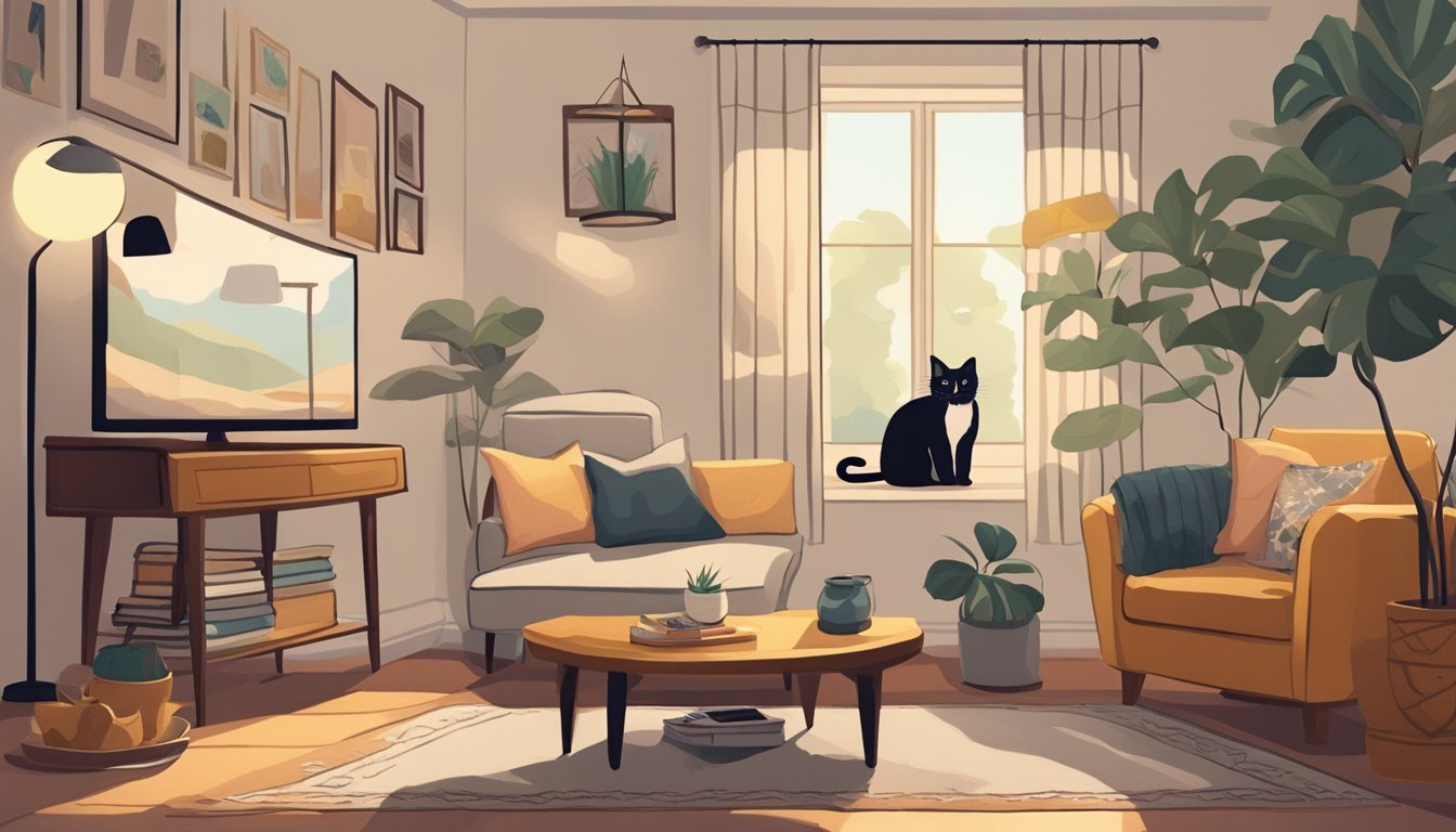 A cozy living room with cat-shaped throw pillows, a cat-themed rug, and cat wall art.</p><p>A cat-shaped lamp sits on a side table, while a cat tree stands in the corner