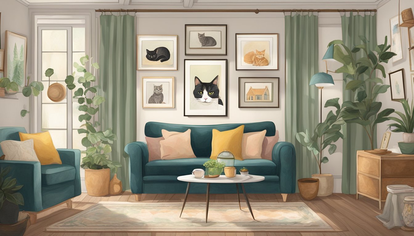 A cozy living room with a gallery wall featuring vintage cat-themed art.</p><p>The wall is adorned with six different cat illustrations in various frames, creating a charming and whimsical atmosphere