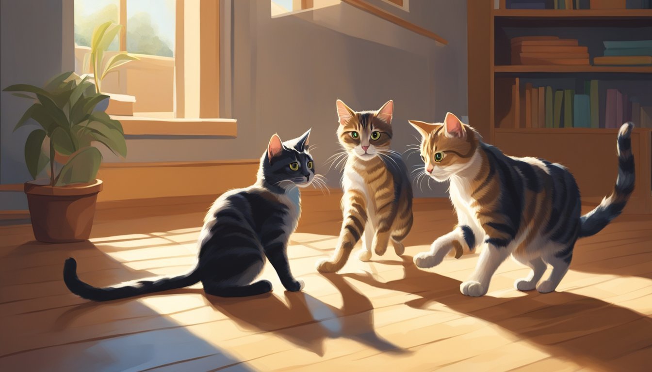 Two cats playing with a ball of yarn in a sunlit room, casting playful shadows on the floor.</p><p>One cat pounces while the other watches, their eyes gleaming with excitement