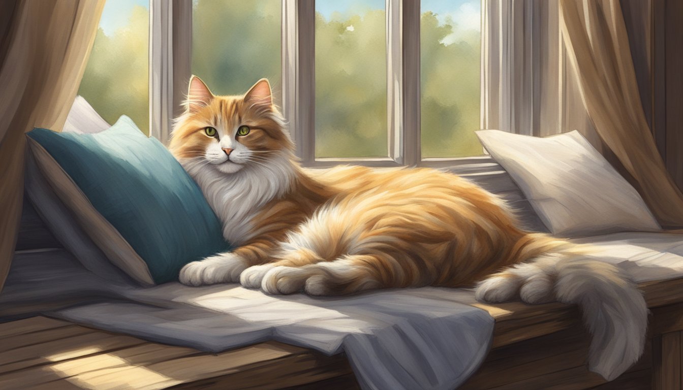 A fluffy cat lounges on a rough, weathered wooden bench surrounded by soft, plush pillows.</p><p>Sunlight filters through a sheer curtain, casting dappled shadows on the textured surfaces