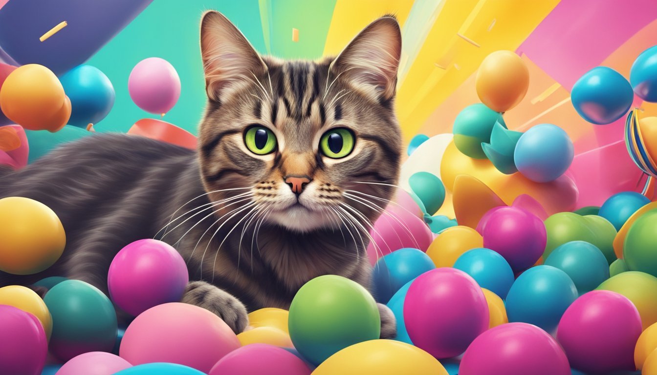 A playful cat surrounded by colorful props, creating stunning and fun effects for photography