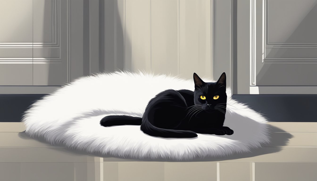 A sleek black cat lounges on a white fur rug, framed by dramatic lighting and shadow.</p><p>Its piercing yellow eyes stand out against the monochromatic backdrop