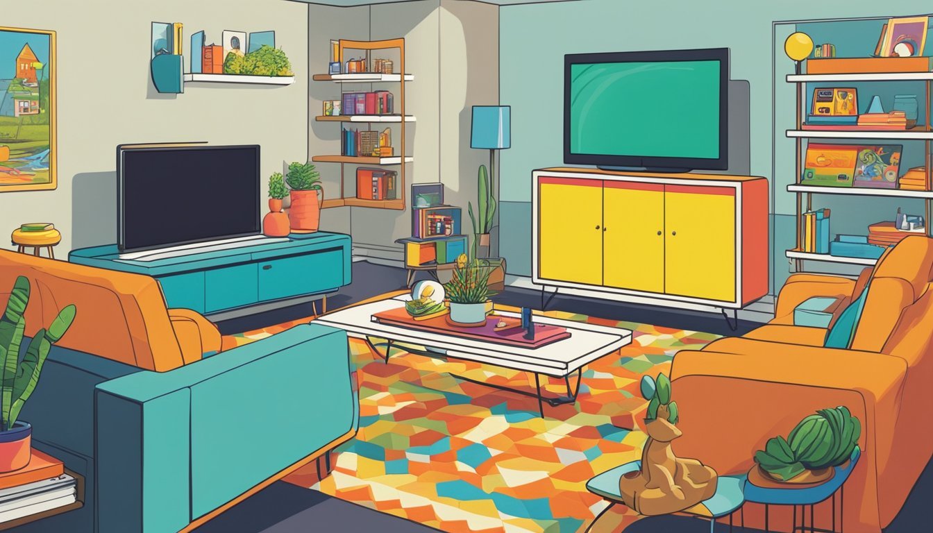 A colorful, retro living room with a shelf displaying a Stretch Armstrong toy alongside other iconic 70s products like a Pet Rock and a Lite-Brite