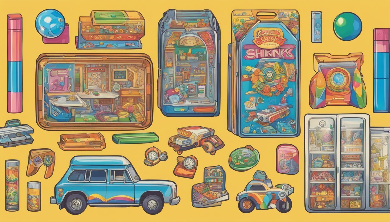 Colorful Shrinky Dinks packaging surrounded by retro 70s toys and games, with a nostalgic and whimsical vibe