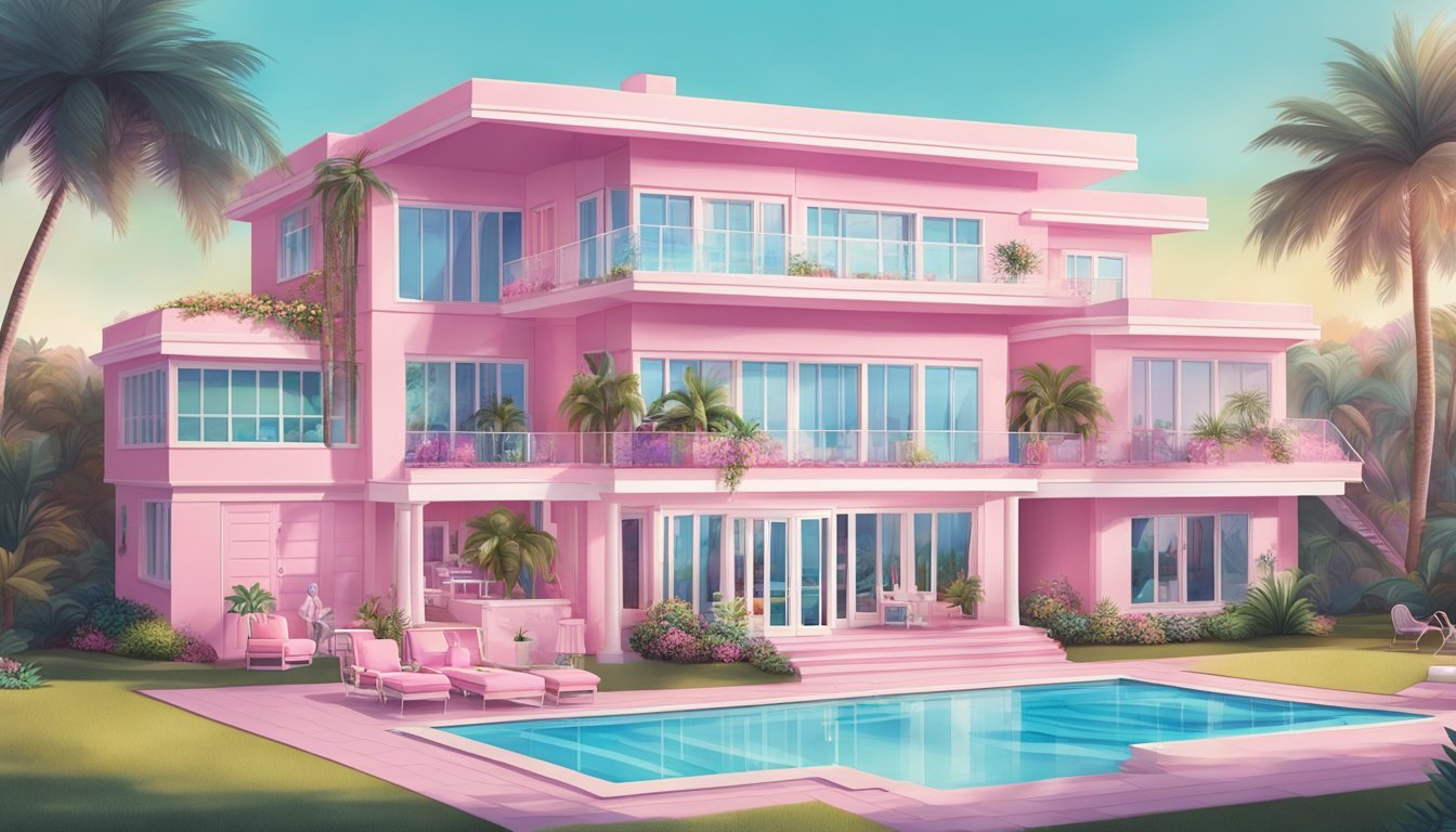 The iconic Barbie Dream House from the 70s, with its pastel colors, three-story design, and signature pink elevator, sits surrounded by palm trees and a sparkling pool