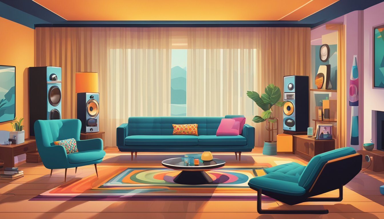 A retro living room with iconic 70s products like a rotary phone, shag carpet, lava lamp, and vinyl record player