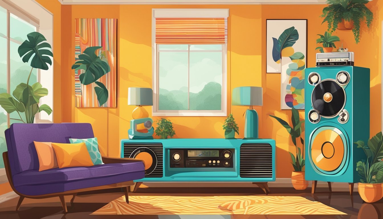 A retro living room with vintage 70s products like a rotary phone, cassette player, and tube TV.</p><p>Bright colors and funky patterns adorn the furniture and decor